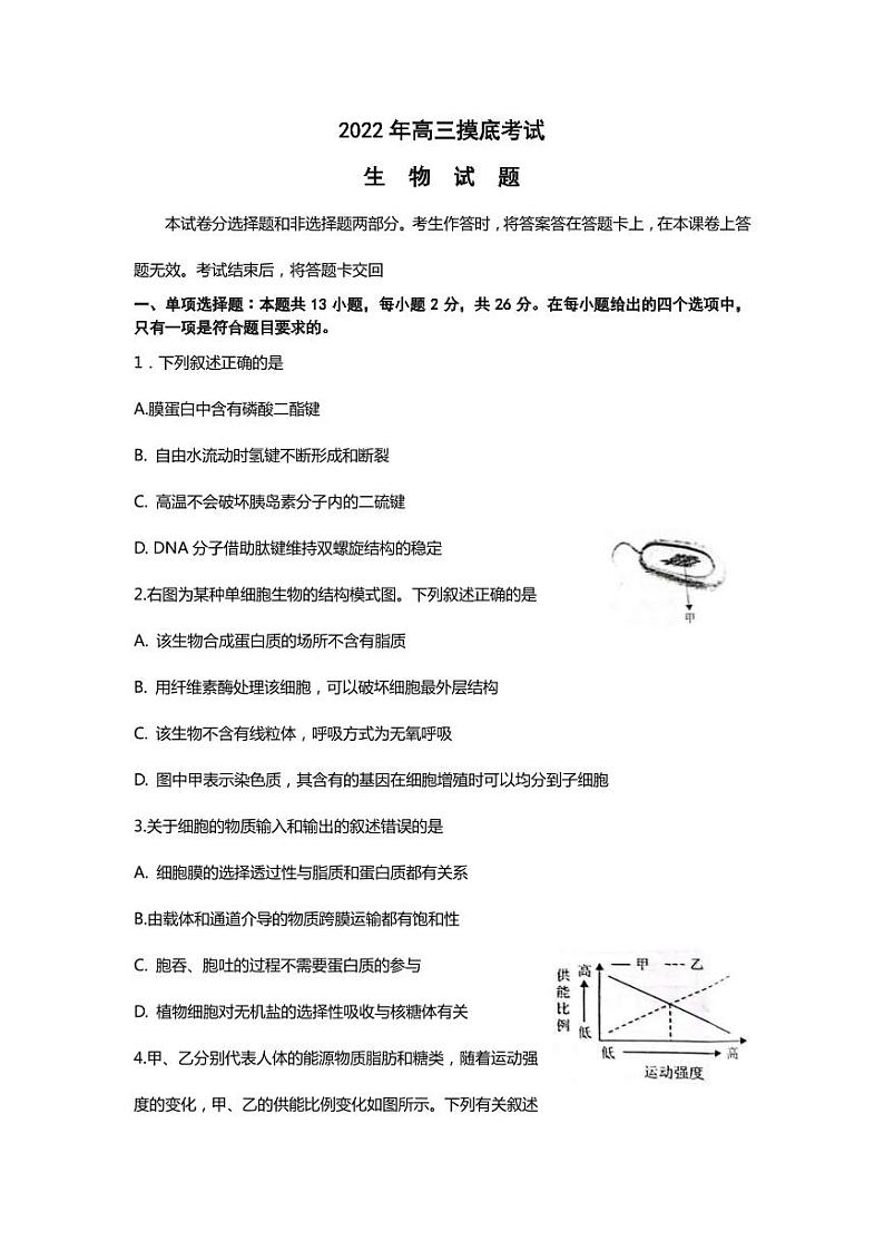 2022-2023学年河北省保定市高三上学期摸底考试（期中） 生物（PDF版）01