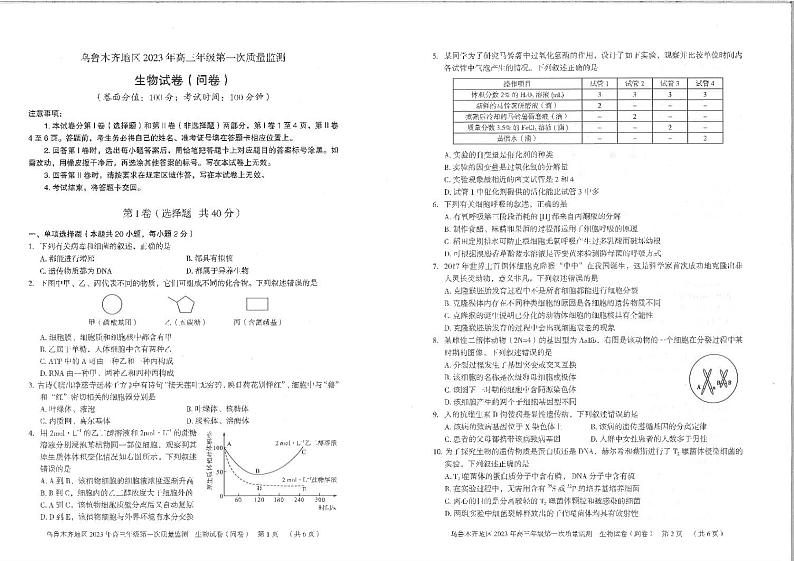 2023乌鲁木齐自治区高三下学期第一次质量监测（一模）生物PDF版无答案01