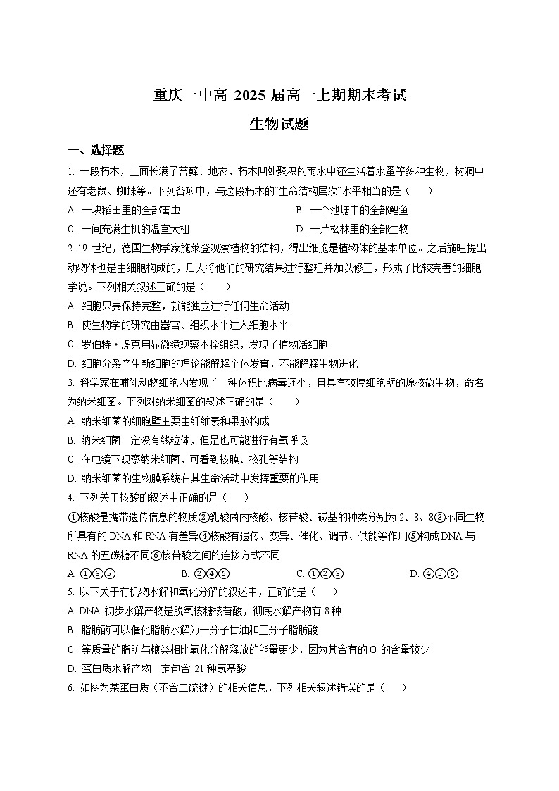 重庆市第一中学2022-2023学年高一上学期期末生物试题无答案第1页