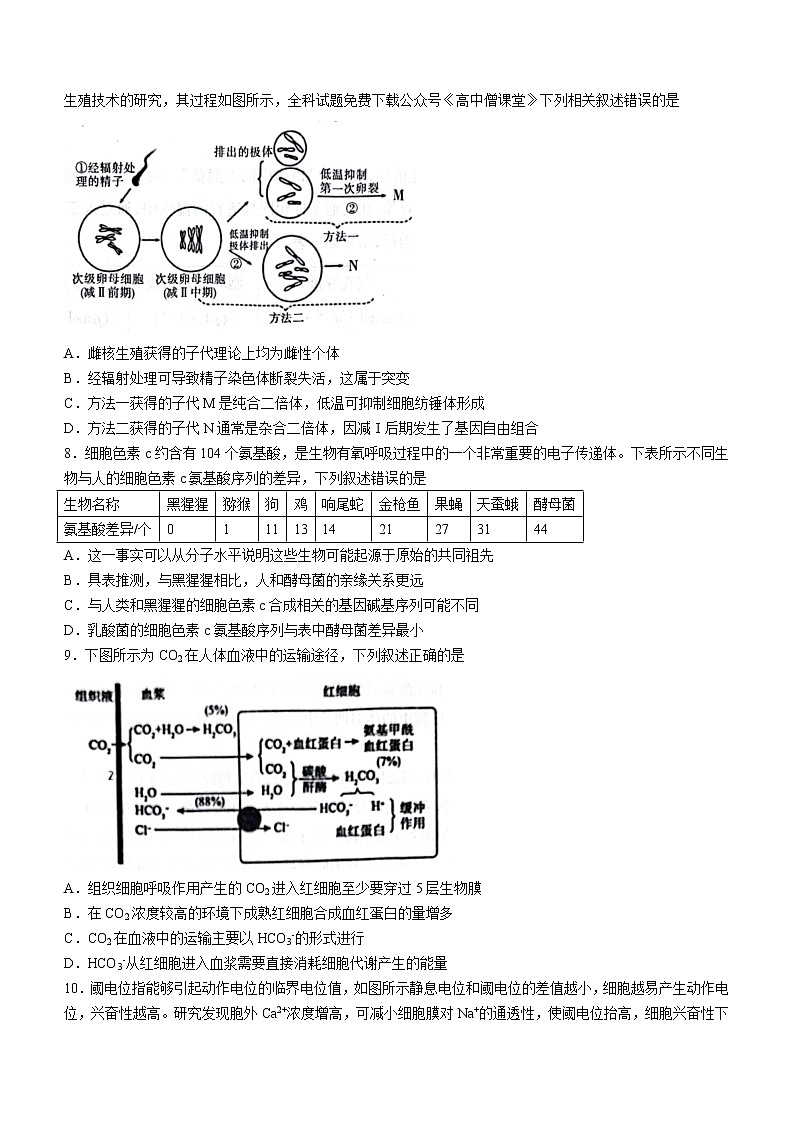2023重庆市南开中学高三下学期第六次质量检测试题（2月）生物含解析03