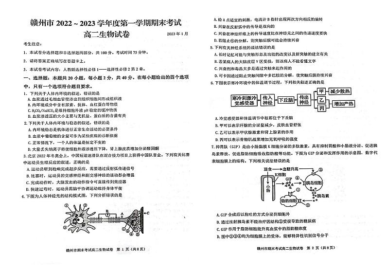2023赣州高二上学期期末考试生物试题扫描版含答案01