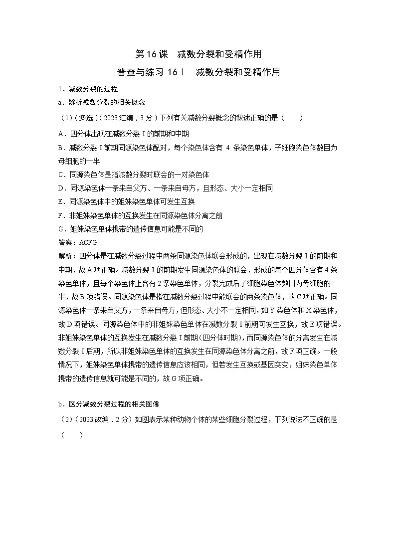 （普查练习）第16课-减数分裂和受精作用-2023版新高考生物一轮【提分宝典】全考点普查随堂课后练第1页