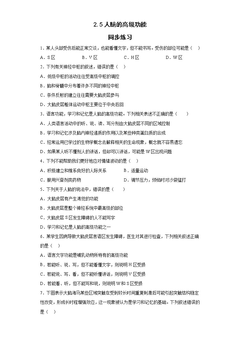 2.5人脑的高级功能同步练习 -2021-2022学年高二上学期生物人教版（2019）选择性必修1第1页