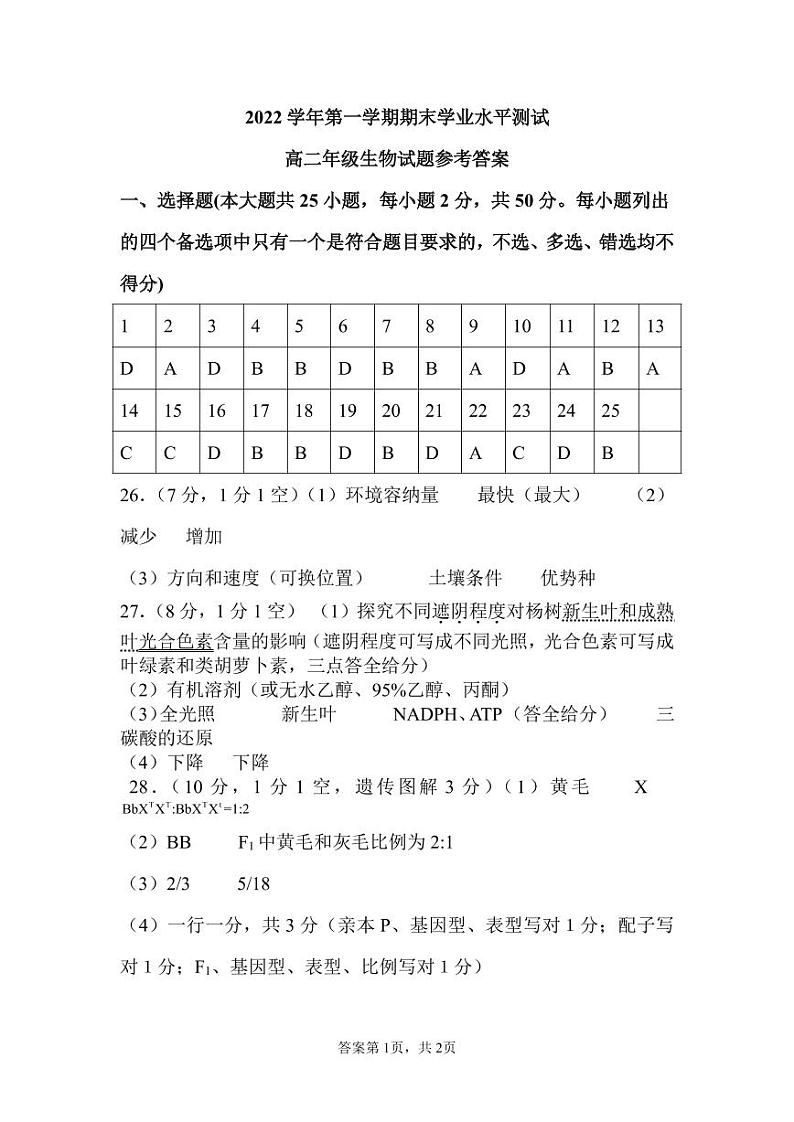 浙江省杭州市八区县2022-2023学年高二上学期期末检测生物答案第1页