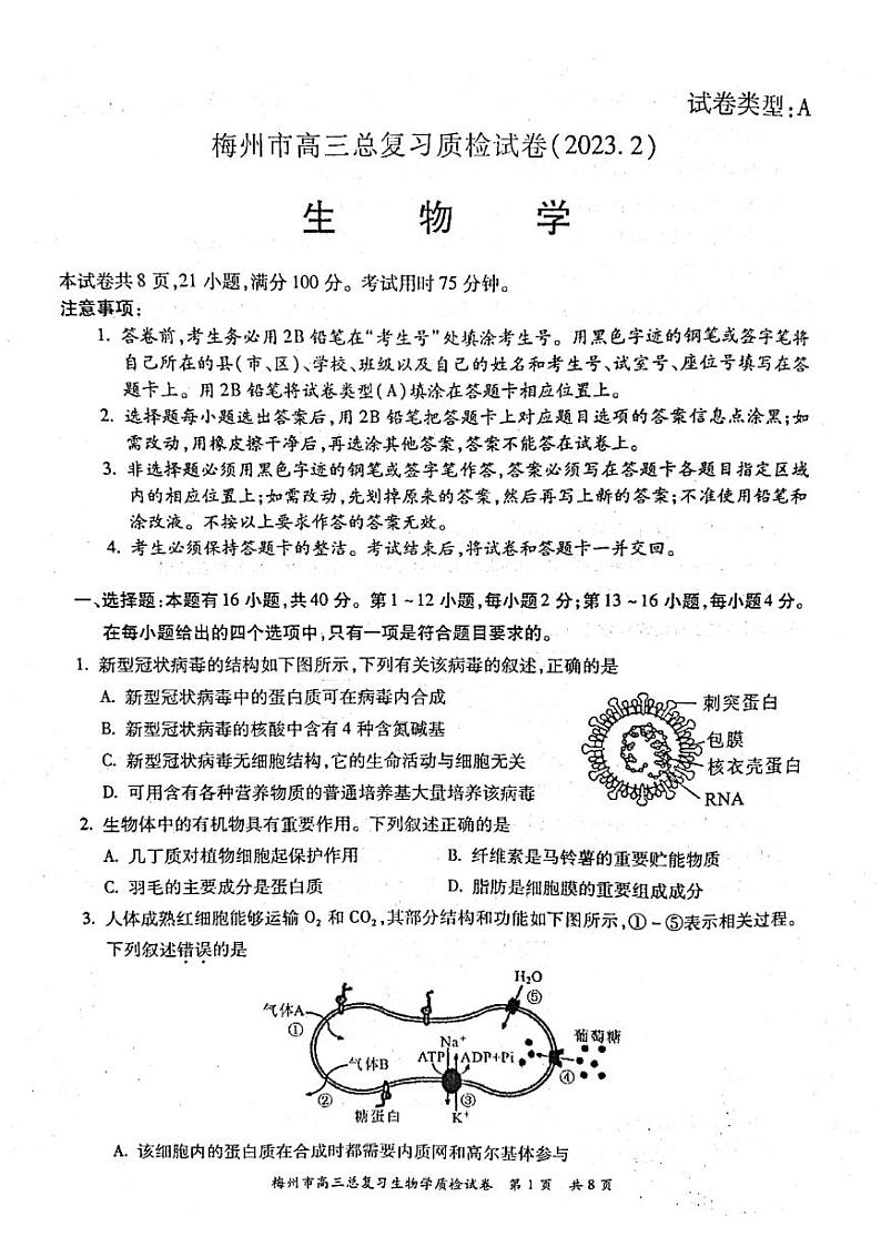 2023届广东省梅州市高三总复习质检(一模)生物试题第1页