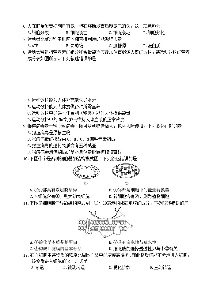 2023丽水高一上学期1月期末生物试题含答案02