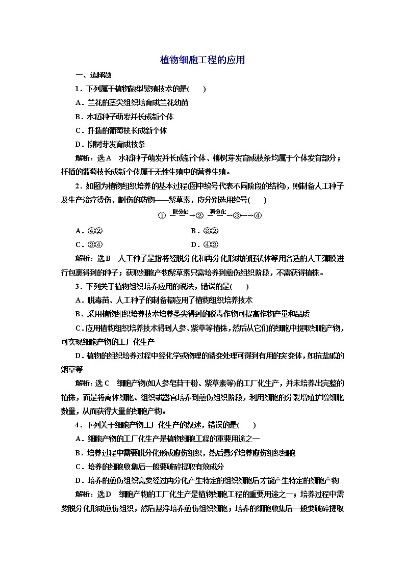 人教版（2019）高中生物选择性必修三第2章第1节第2课时植物细胞工程的应用课时作业含答案第1页