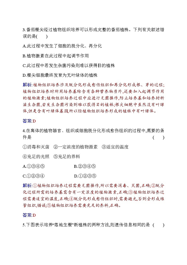 人教版高中生物选择性必修3植物细胞工程的基本技术作业含答案第2页