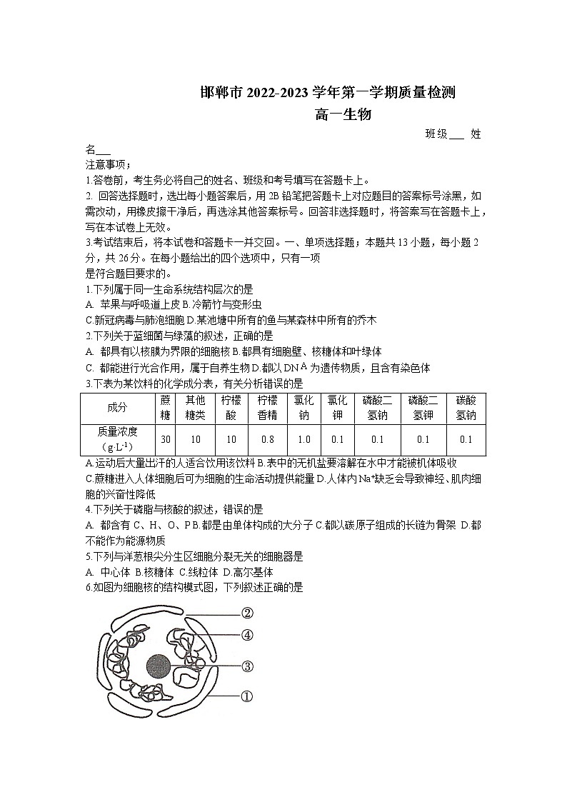 2023邯郸高一上学期期末生物试题含解析第1页