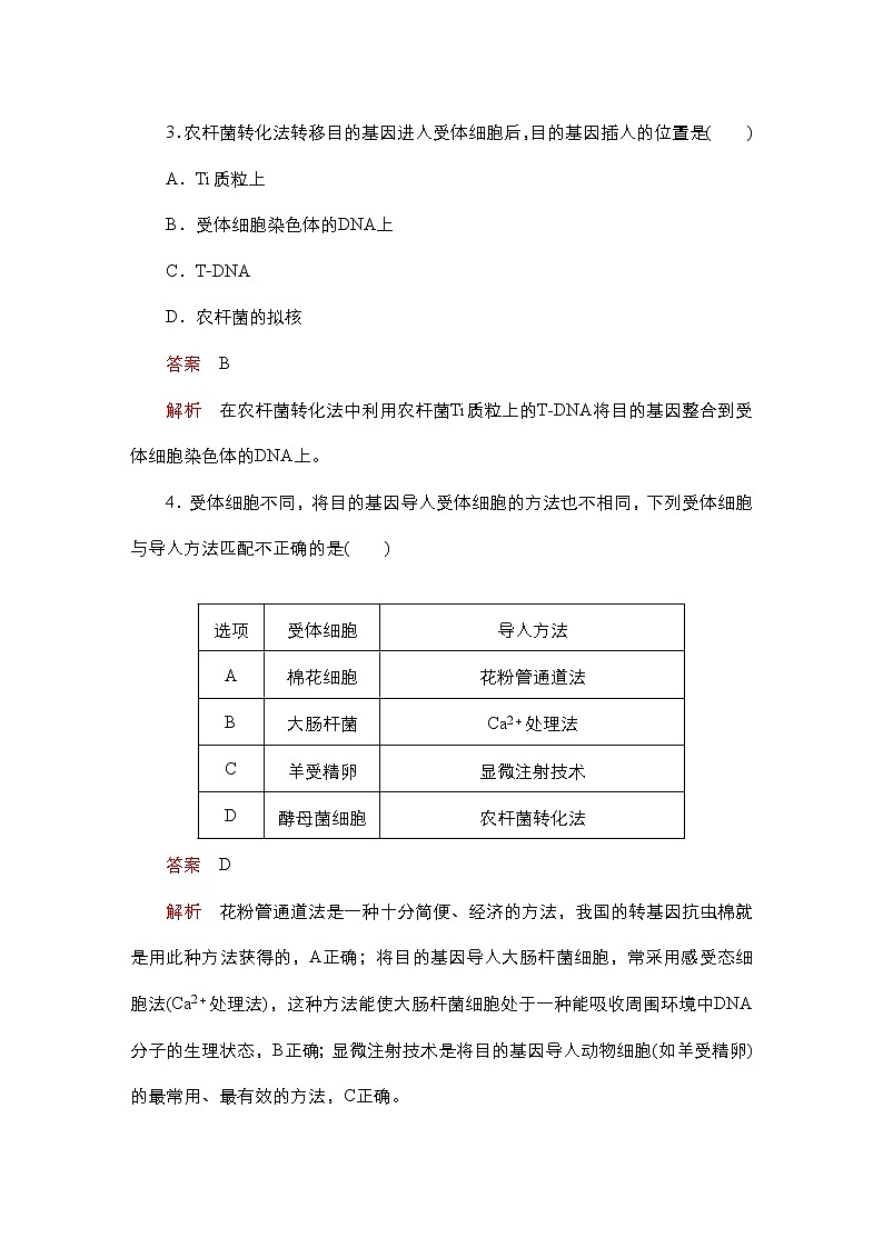 人教版高中生物选择性必修三将目的基因导入受体细胞目的基因的检测与鉴定作业（单选）含答案02