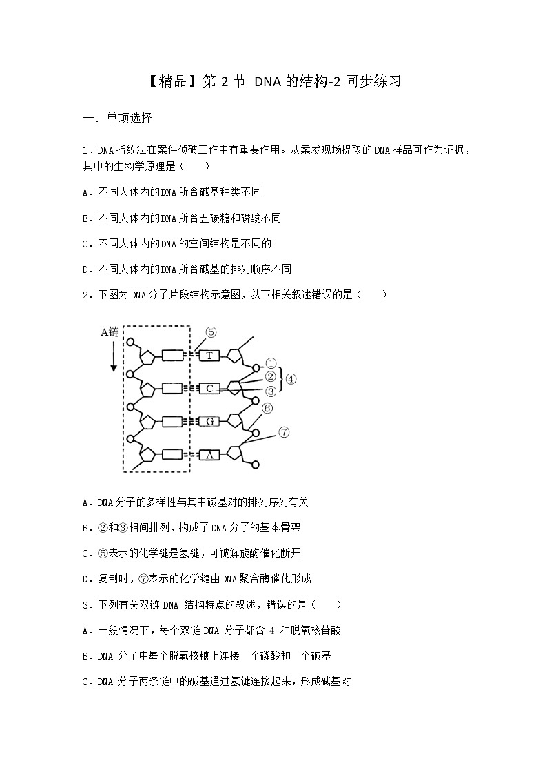 人教版高中生物必修2第2节DNA的结构同步作业含答案第1页