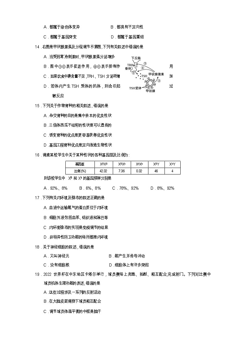 四川省遂宁市2022-2023学年高二生物上学期期末考试试卷（Word版附答案）03