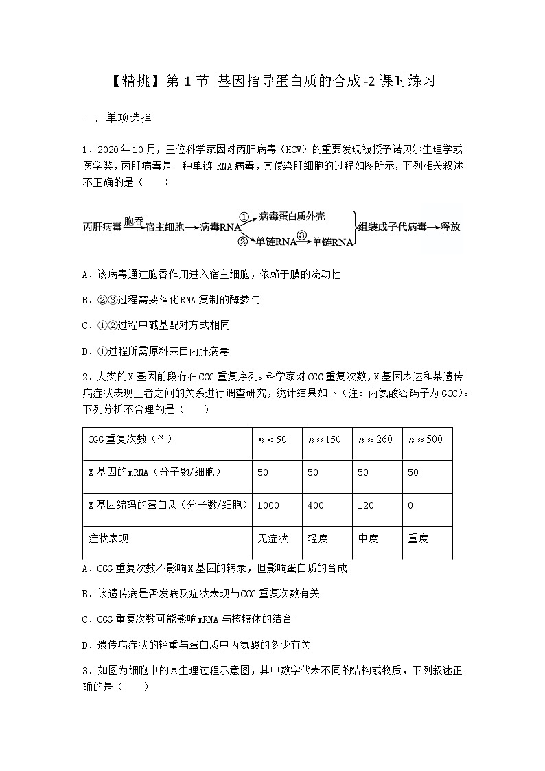 人教版高中生物必修2第1节基因指导蛋白质的合成课时作业含答案1第1页