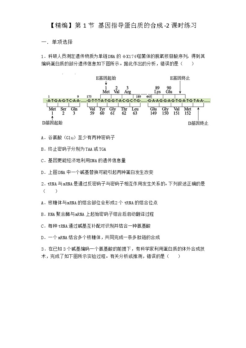 人教版高中生物必修2第1节基因指导蛋白质的合成课时作业含答案3第1页