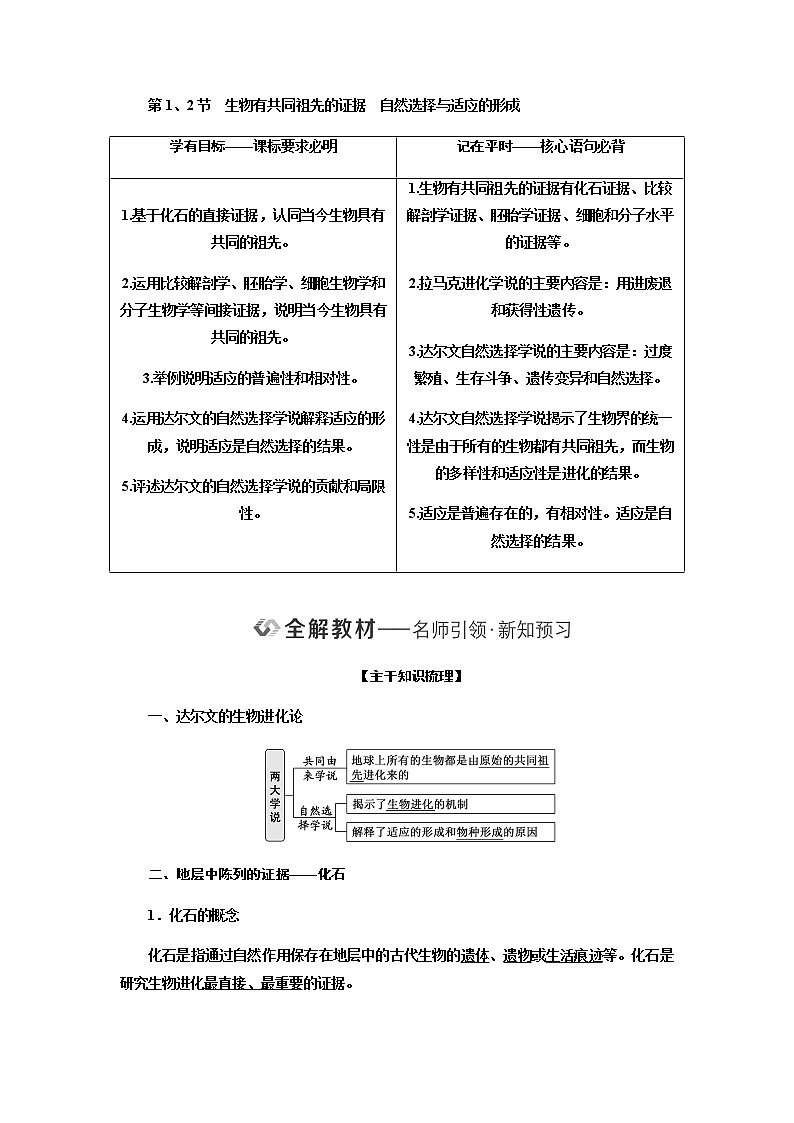 人教版高中生物必修二生物有共同祖先的证据自然选择与适应的形成学案03
