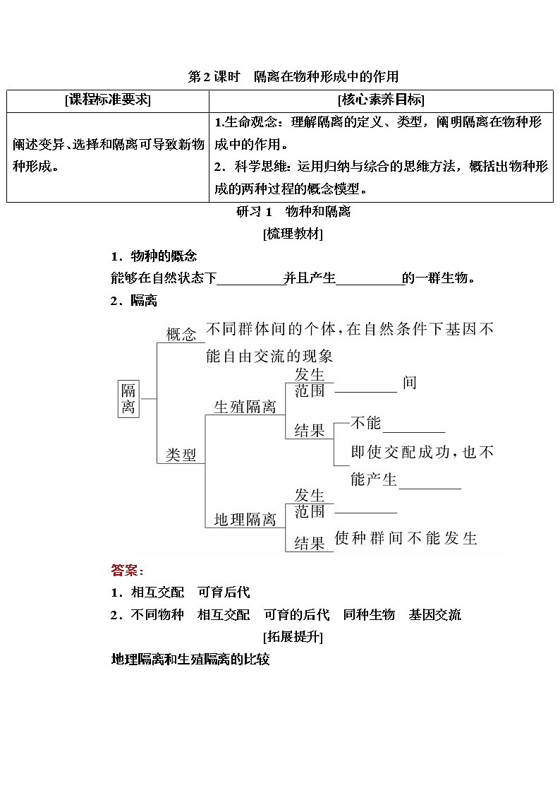人教版高中生物必修2 6-3-2隔离在物种形成中的作用学案01