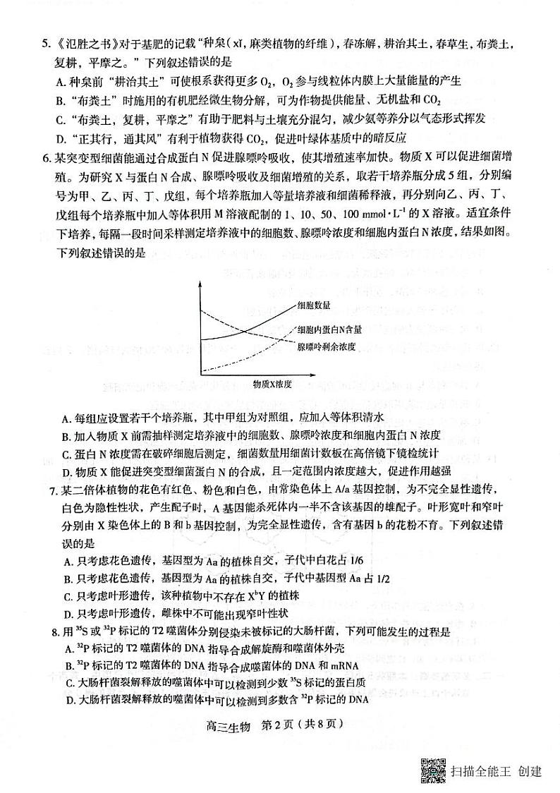 河北省2022-2023学年高三下学期全过程纵向评价（二）生物试题PDF版无答案第2页