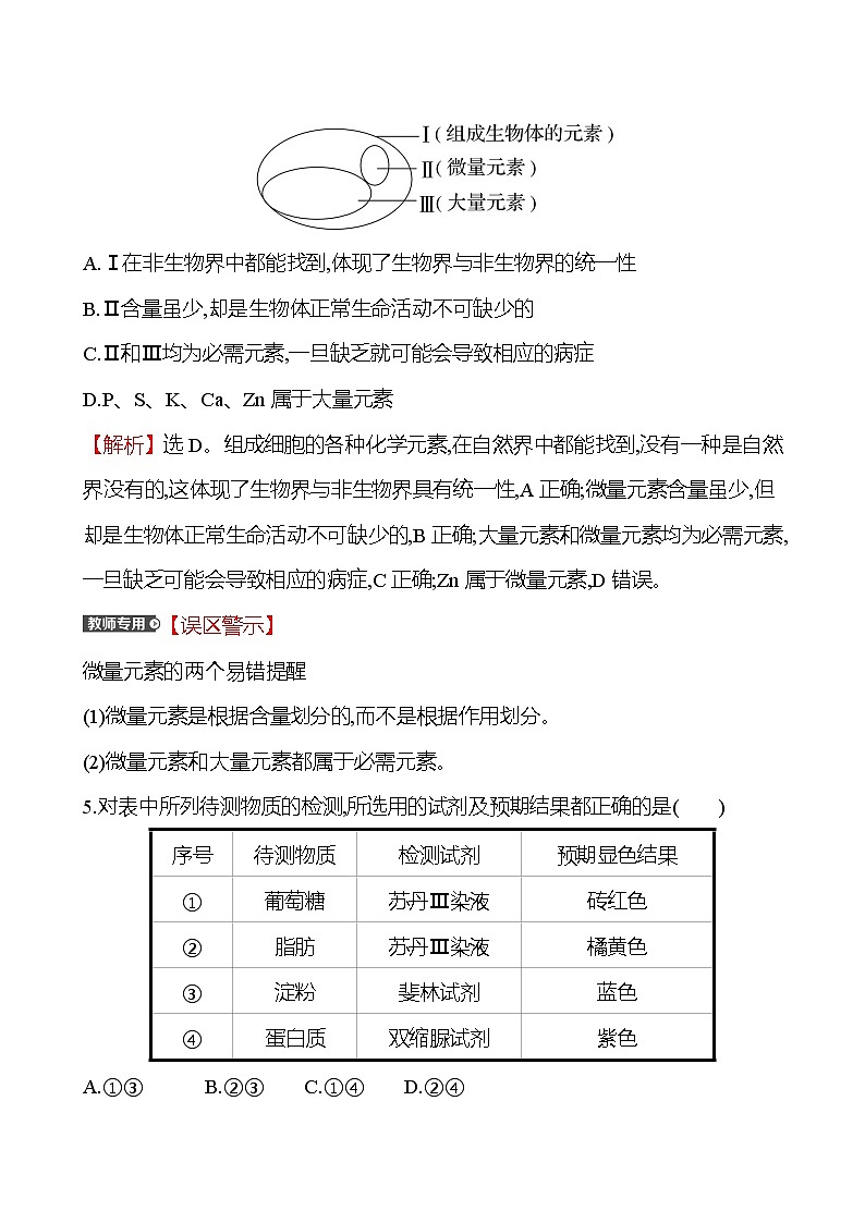 人教版高中生物必修一细胞中的元素和化合物作业含答案02