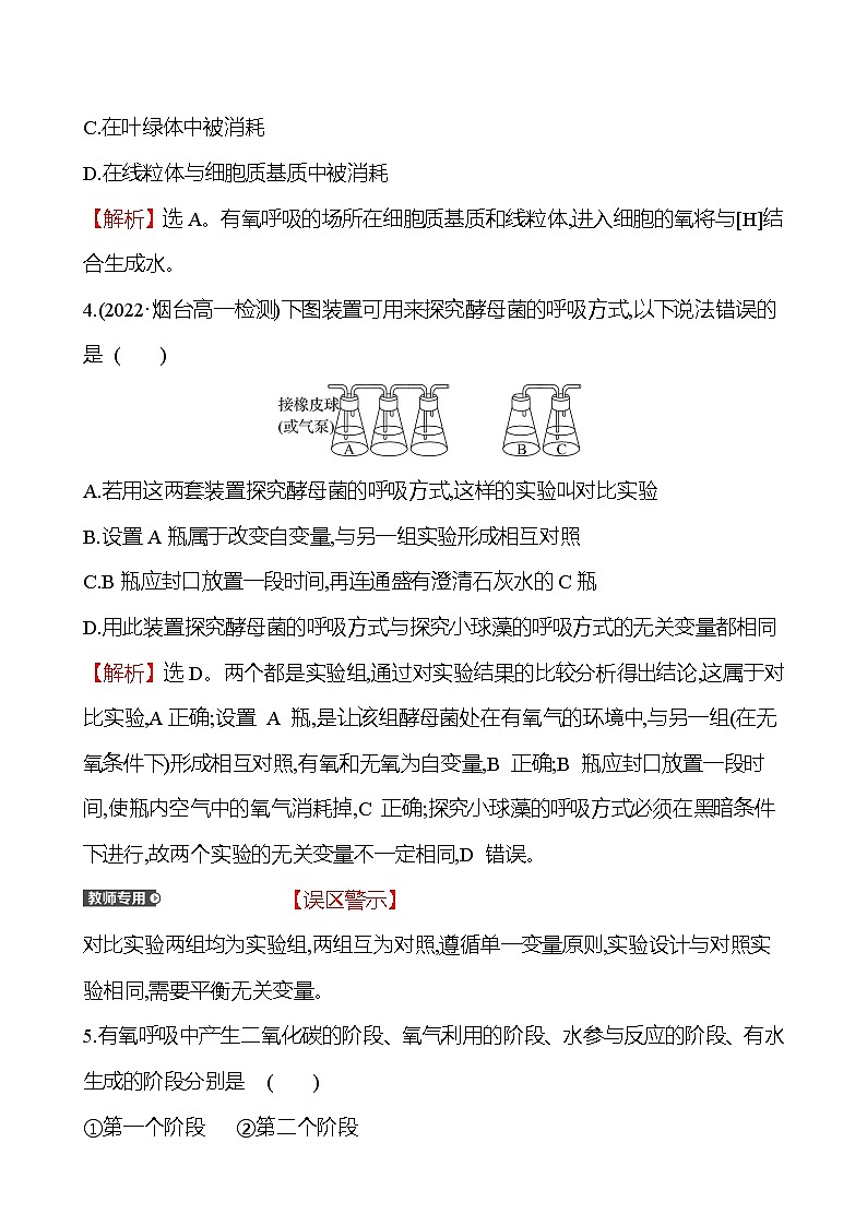 人教版高中生物必修一探究酵母菌细胞呼吸的方式和有氧呼吸作业含答案02