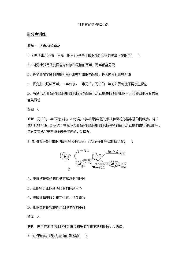 人教版高中生物必修一细胞核的结构和功能作业含答案第1页