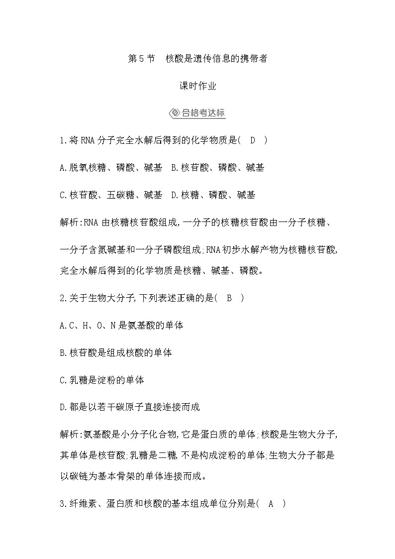 人教版（2019）高中生物必修一第2章第5节核酸是遗传信息的携带者作业含答案01