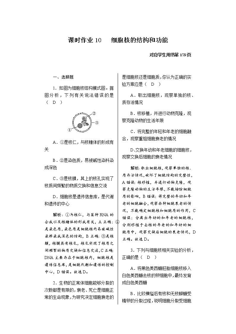 人教版高中生物必修1细胞核的结构和功能作业含答案第1页
