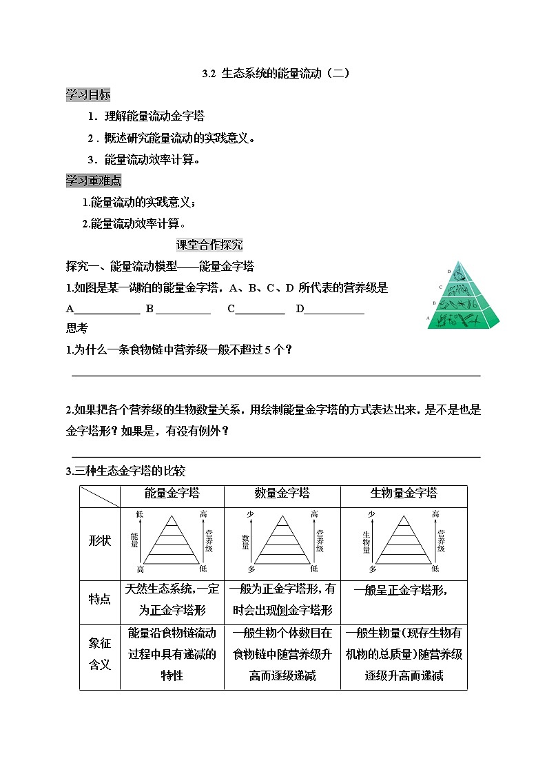 人教版（2019）高中生物选择性必修二3-2生态系统的能量流动(二)学案01