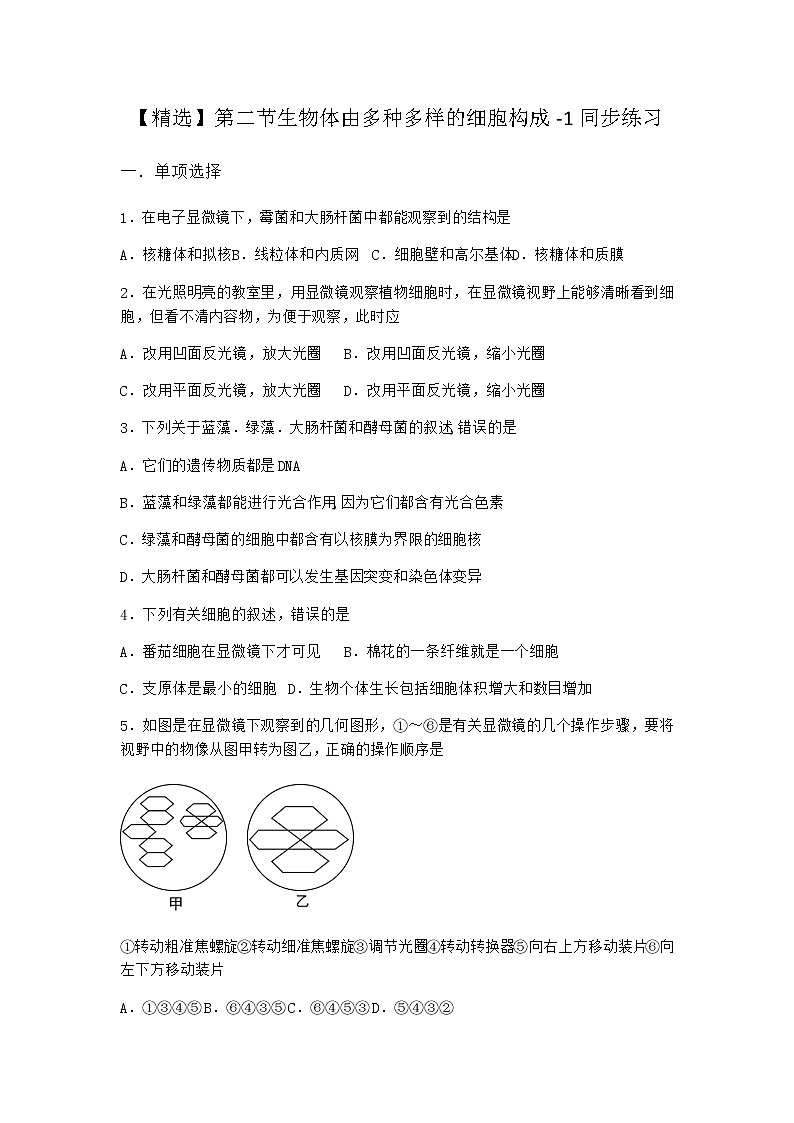 沪教版高中生物必修1第二节生物体由多种多样的细胞构成同步作业含答案01