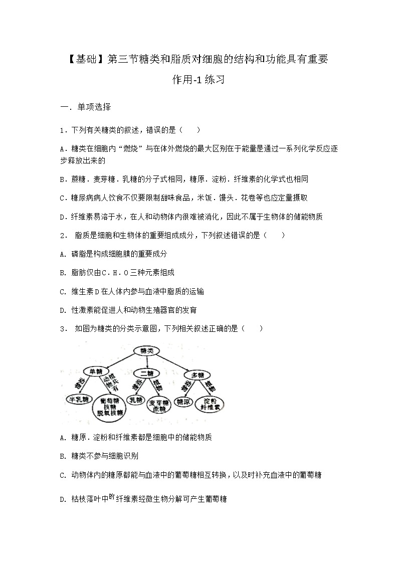 沪教版高中生物必修1第三节糖类和脂质对细胞的结构和功能具有重要作用作业含答案201