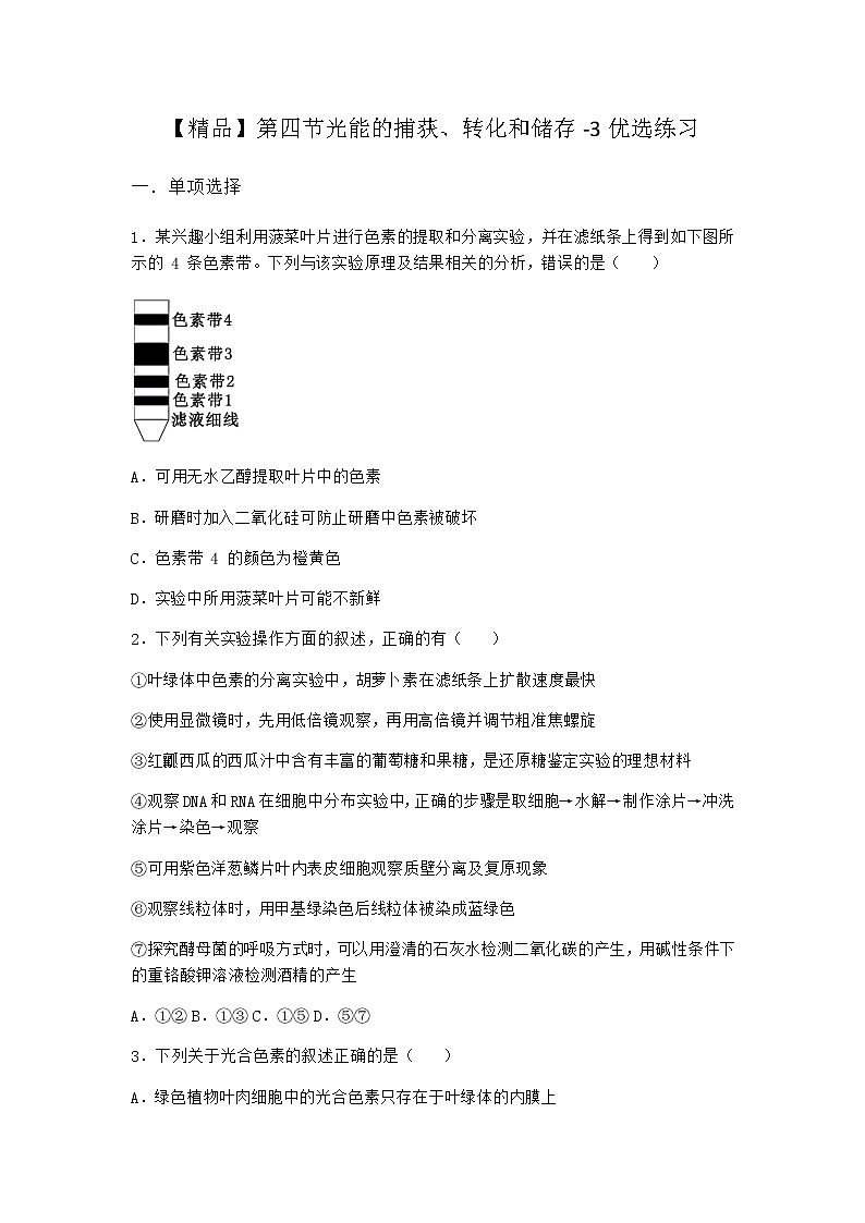 沪教版高中生物必修1第四节光能的捕获、转化和储存优选作业含答案1第1页