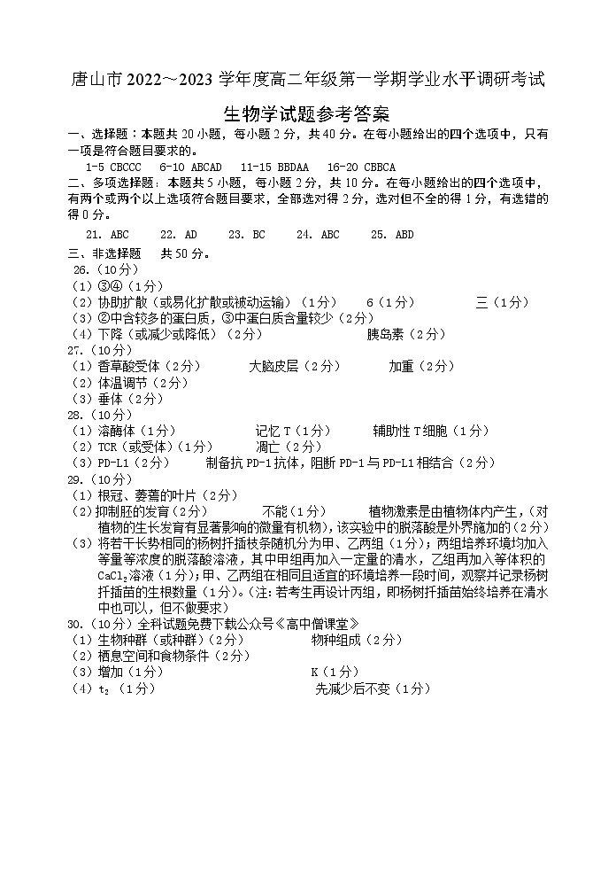 2023唐山高二上学期期末考试生物PDF版含答案01