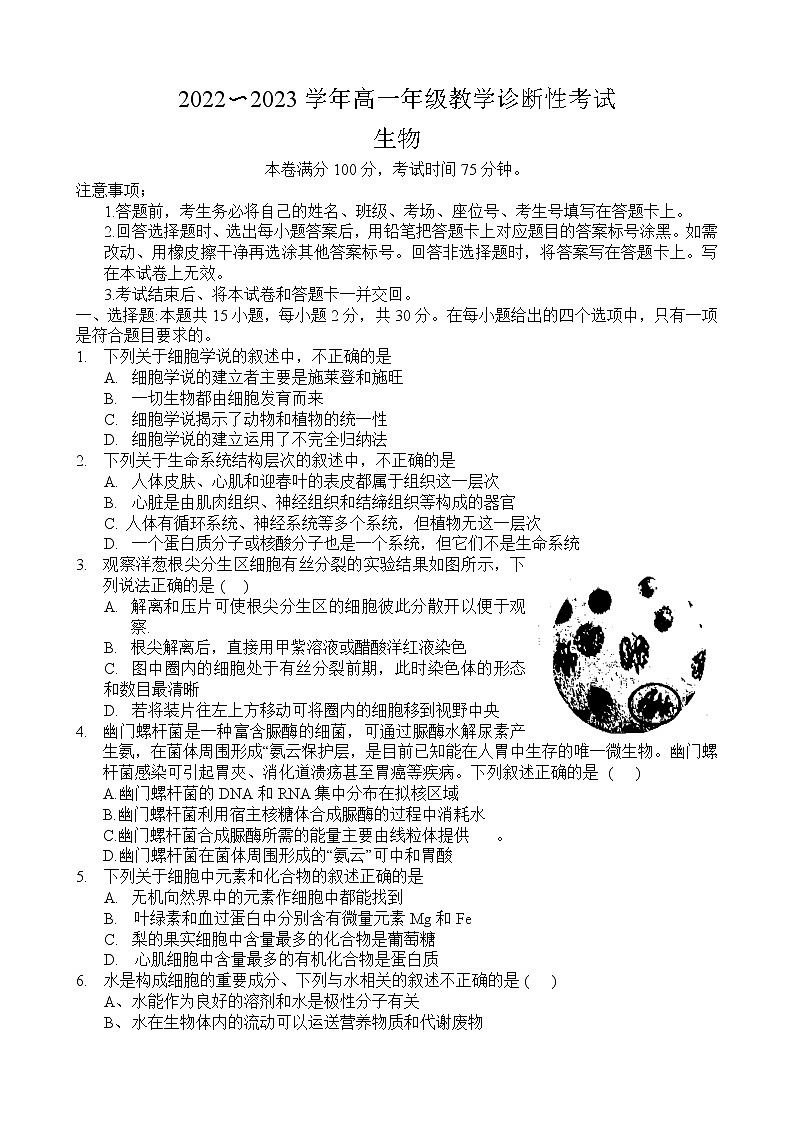 2023洛阳高一上学期期末生物试题含答案01
