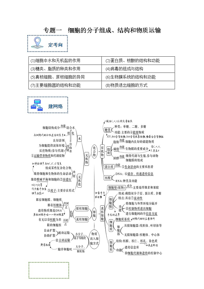 专题一 细胞的分子组成、结构和物质运输——【新教材】2023年高考生物二轮复习专题学案汇编（原卷版+解析版）01