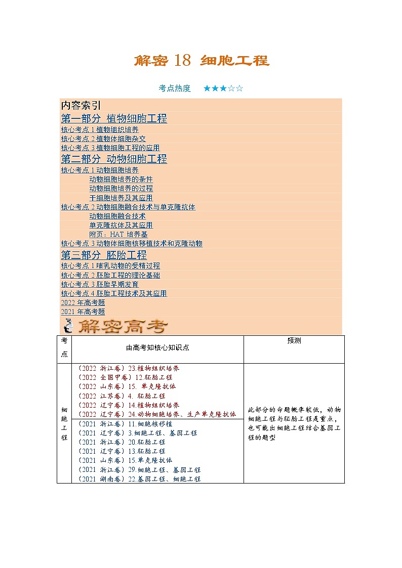 18 细胞工程（讲义）——【高考二轮复习】2023年高考生物全面复习汇编（教师版+学生版）01