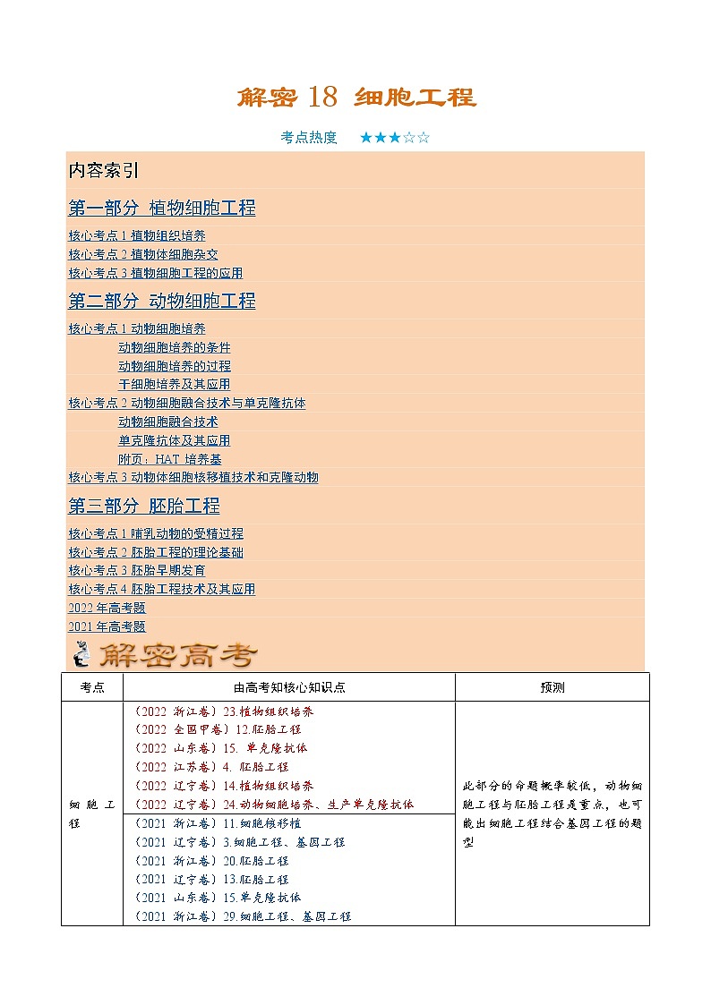 18 细胞工程（讲义）——【高考二轮复习】2023年高考生物全面复习汇编（教师版+学生版）01