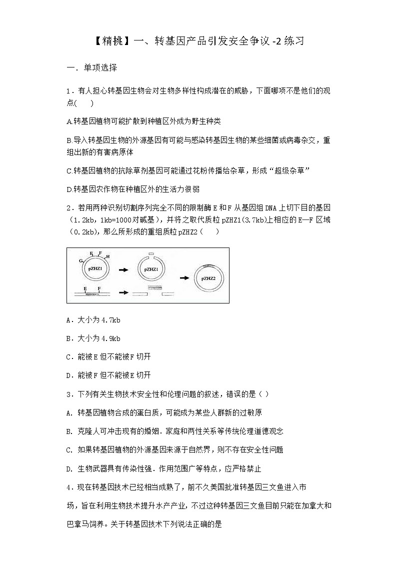 沪教版高中生物选择性必修3转基因产品引发安全争议作业含答案5第1页