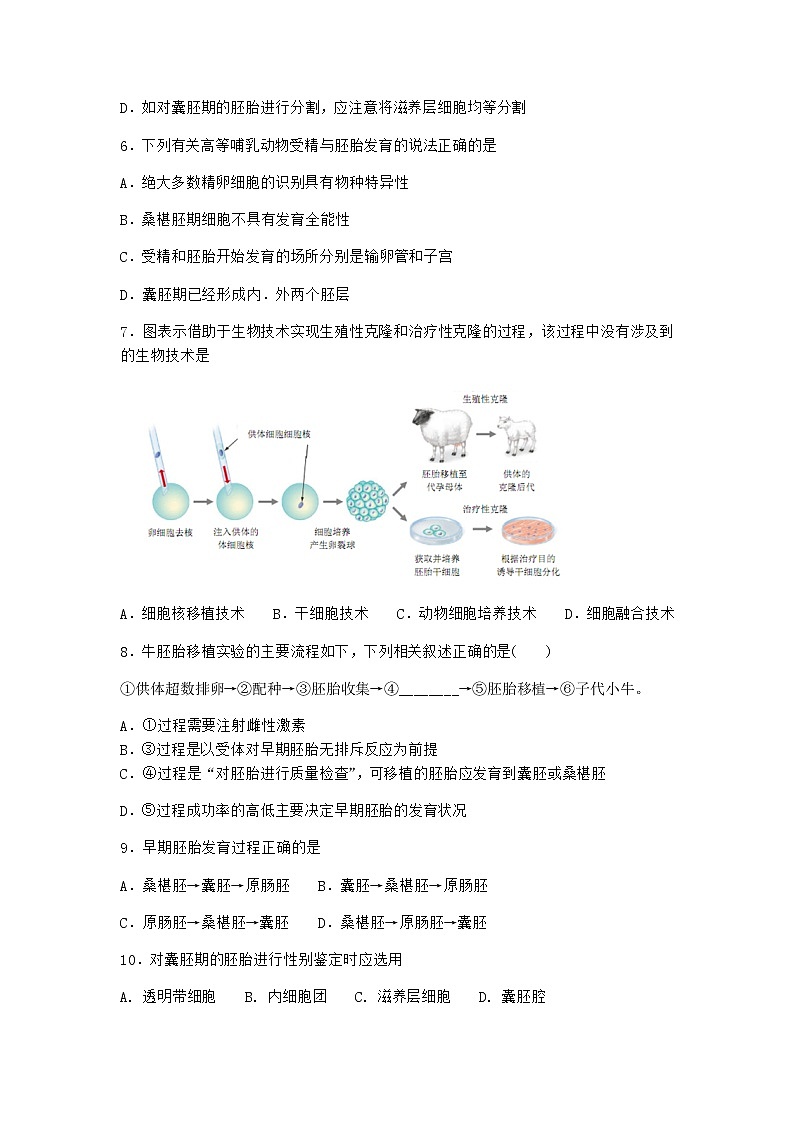 沪教版高中生物选择性必修3胚胎形成经过了受精及早期发育等过程作业含答案902