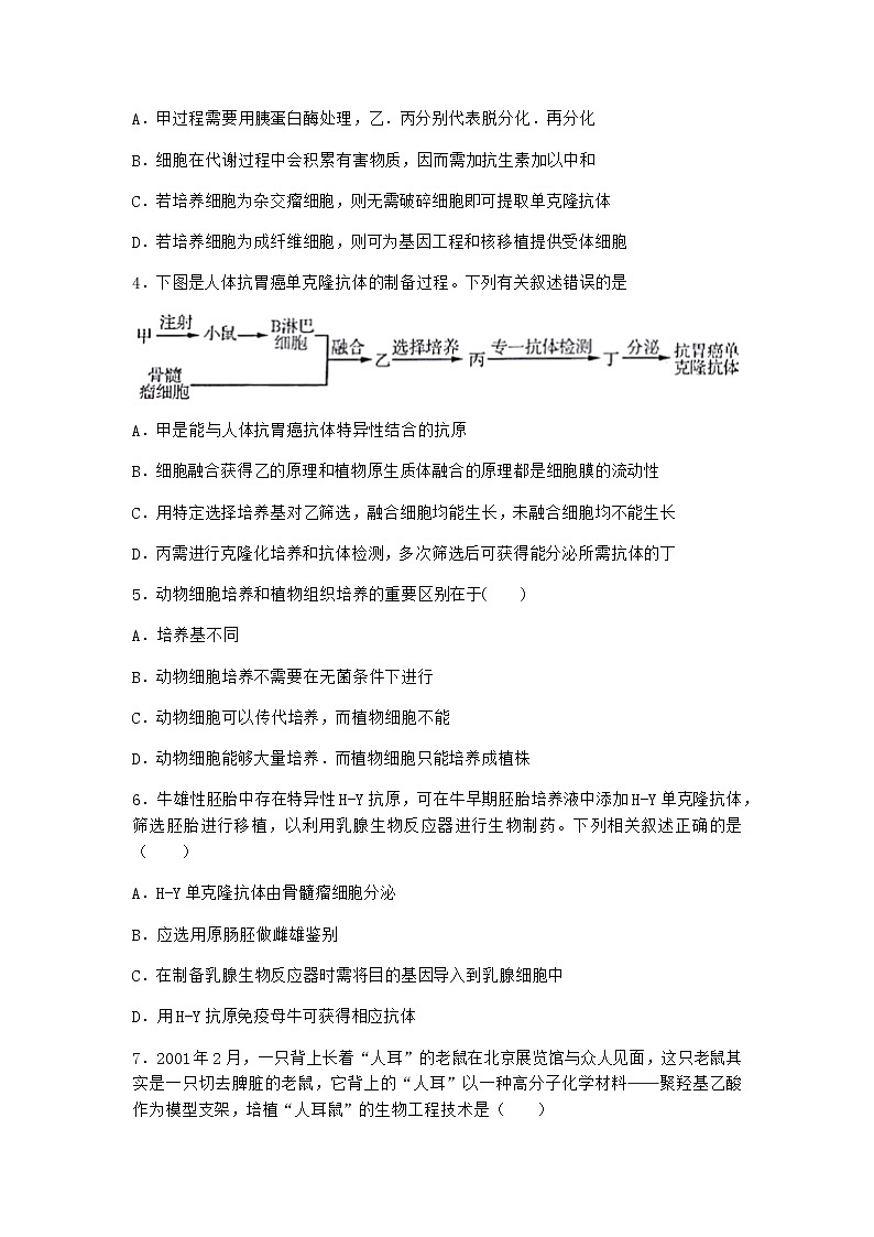 沪教版高中生物选择性必修3动物细胞培养经历原代培养和传代培养作业含答案2第2页