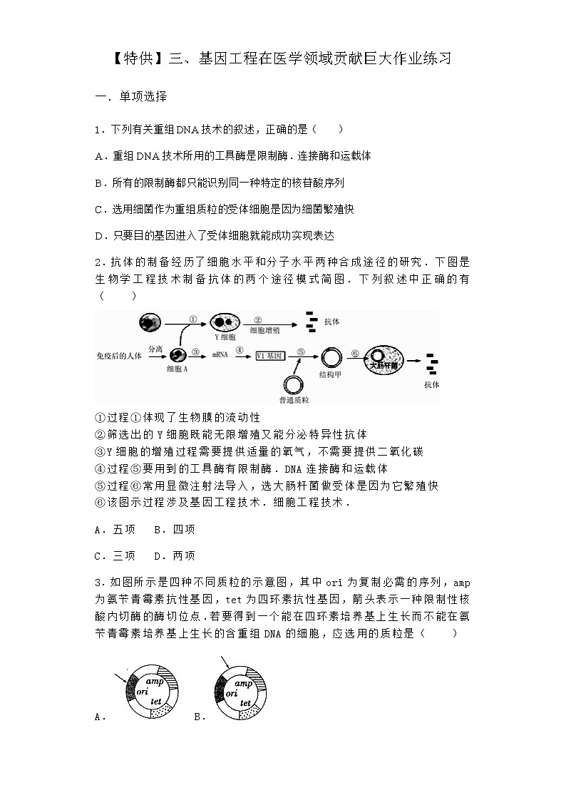 沪教版高中生物选择性必修3基因工程在医学领域贡献巨大作业含答案2第1页