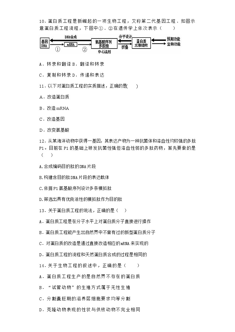 沪教版高中生物选择性必修3蛋白质工程可改变蛋白质的形状和功能作业含答案103