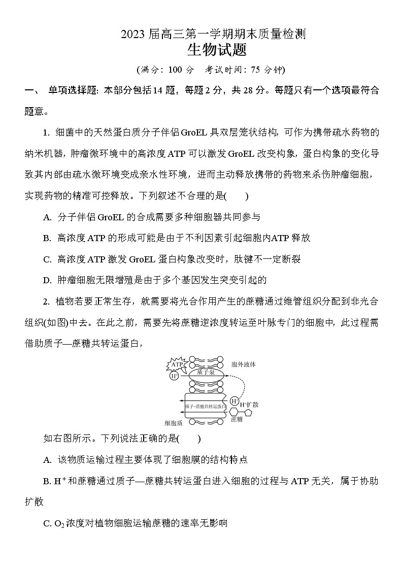 2023南通通州区高三上学期期末考试生物含答案第1页