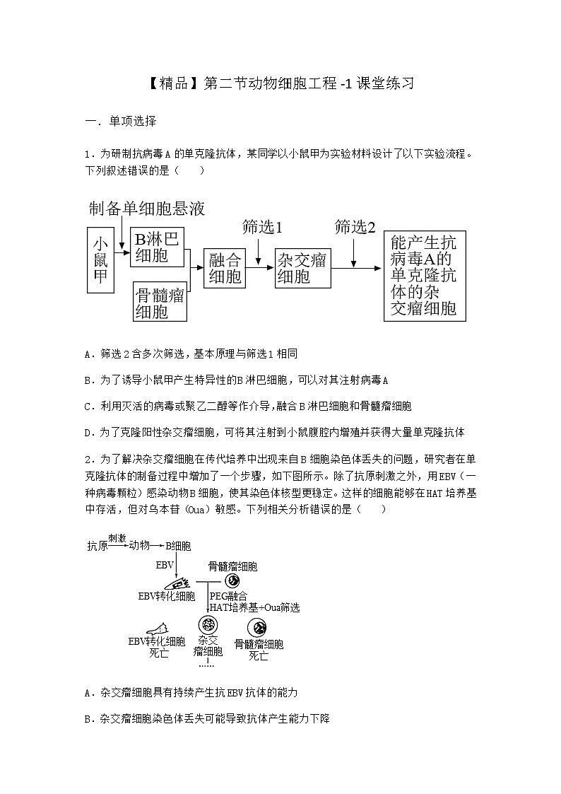 北师大版高中生物选择性必修3第二节动物细胞工程课堂作业含答案01