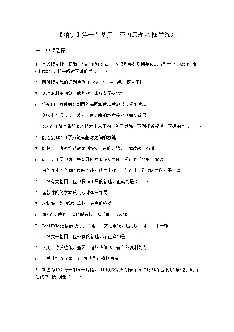 北师大版高中生物选择性必修3第一节基因工程的原理随堂作业含答案201