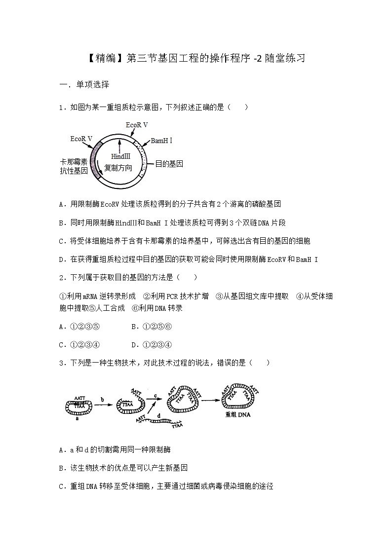 北师大版高中生物选择性必修3第三节基因工程的操作程序随堂作业含答案101