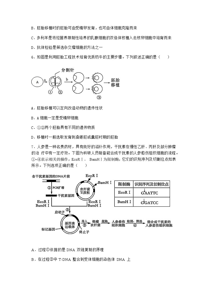 北师大版高中生物选择性必修3第三节胚胎工程优选作业含答案第2页