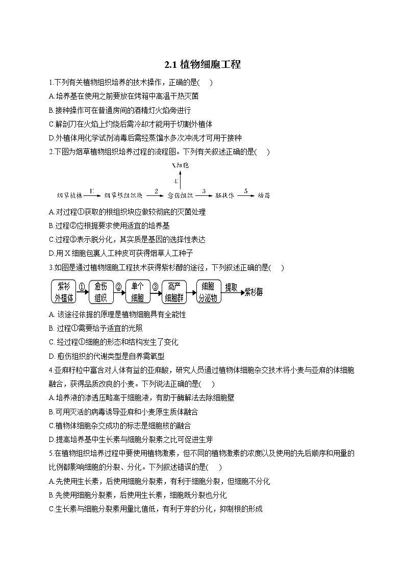 北师大版高中生物选择性必修三2.1植物细胞工程作业含答案第1页