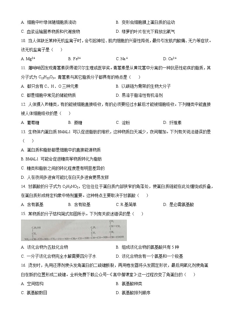 2023成都高一上学期期末生物含答案 试卷02