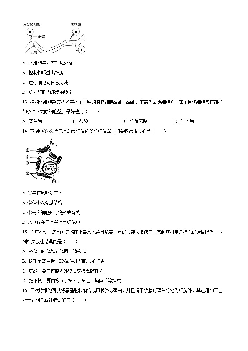 2023南京高一上学期期末学情生物含答案 试卷03