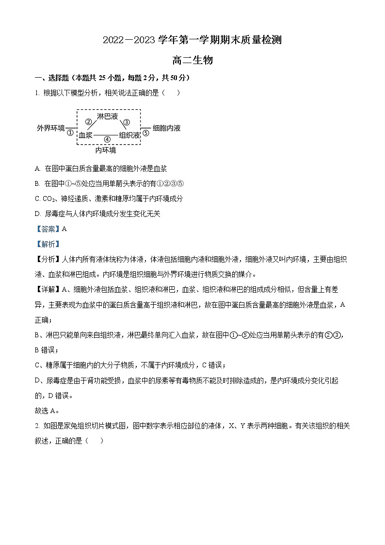 2023天津宁河区芦台一中高二上学期1月期末生物试题含解析01