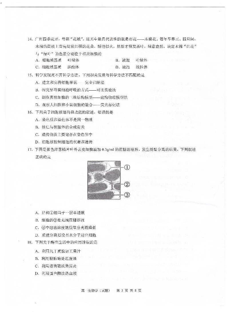广东省广州市六区2022-2023学年高一上学期期末教学质量监测生物试题03